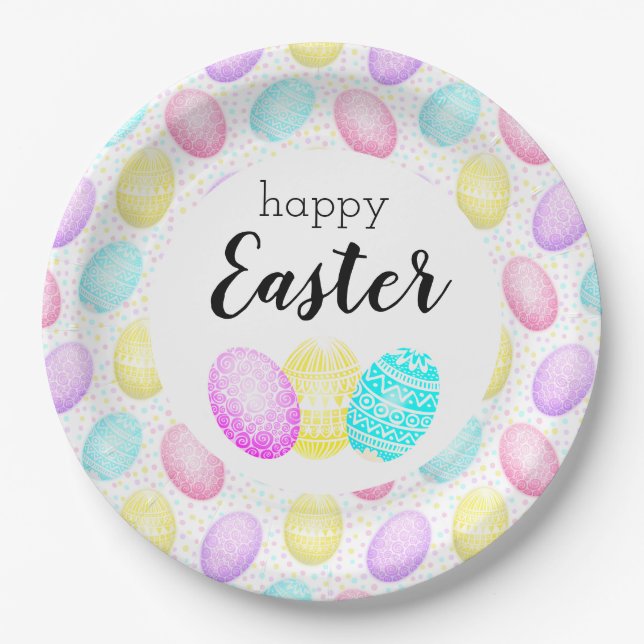 Happy Easter Pastel Egg Pattern Paper Plates (Front)