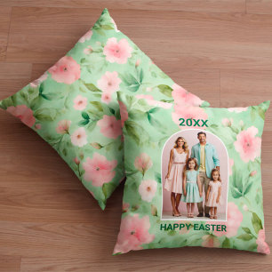 Happy Easter Pastel Pink & Green Floral Photo Throw Pillow