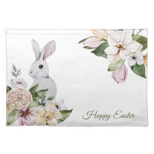 Happy Easter Pastel Pink Spring Flowers Bunny Cloth Placemat