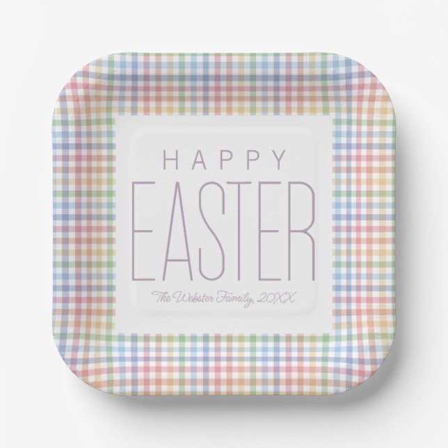 Happy Easter pastel plaid customizable spring Paper Plates (Front)