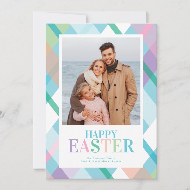 Happy Easter Pastel Plaid Photo Card (Front)