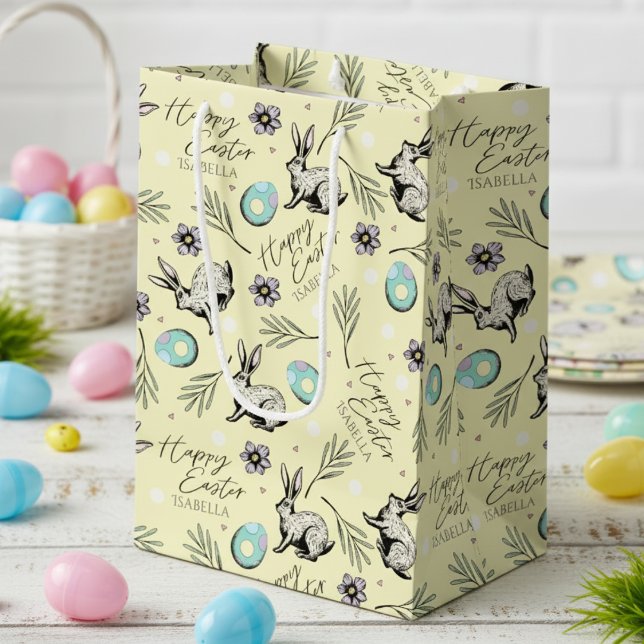 Happy Easter Pastel Yellow Bunny Rabbit Medium Gift Bag (Cute Happy Easter Pastel Yellow Gift Bags for Kids Egg Hunt with Name. Bunny Rabbit, Eggs & Flowers)
