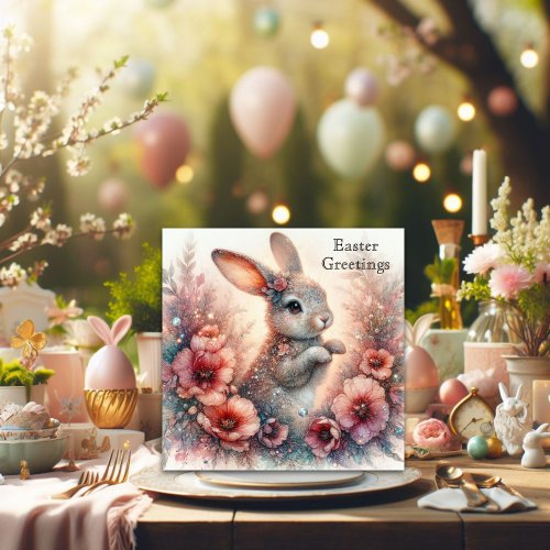 Happy Easter Peach Watercolor Floral Bunny Easter Holiday Card