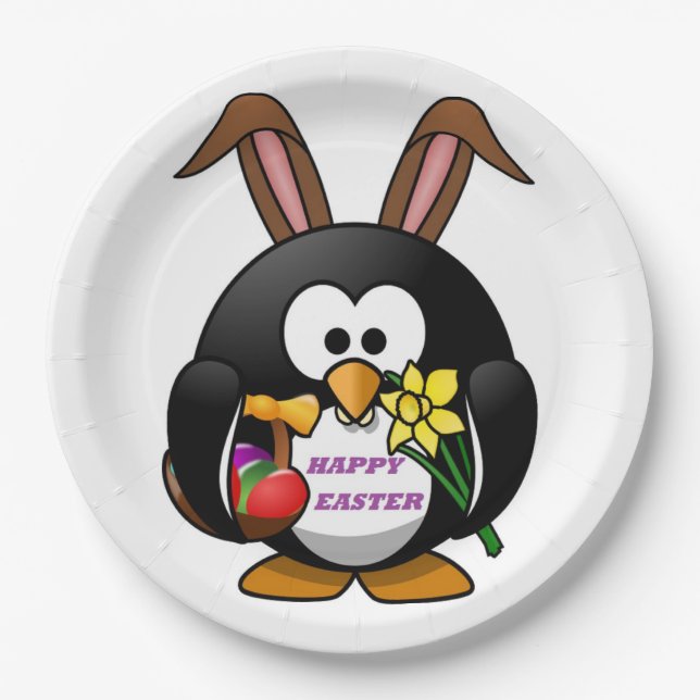 "HAPPY EASTER" PENGUIN BUNNY PAPER PLATES (Front)