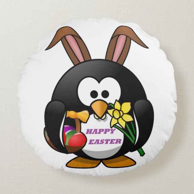 "HAPPY EASTER" PENGUIN BUNNY ROUND PILLOW (Front)