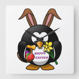 ‘HAPPY EASTER’ PENGUIN BUNNY SQUARE WALL CLOCK