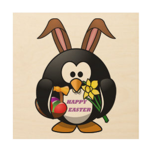 "HAPPY EASTER" PENGUIN BUNNY WOOD WALL ART