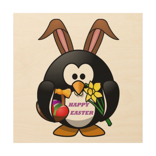 "HAPPY EASTER" PENGUIN BUNNY WOOD WALL ART (Front)