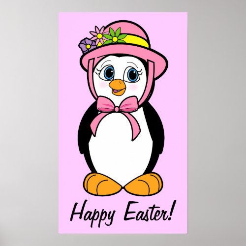 Happy Easter Penguin in her Easter Bonnet on Pink Poster