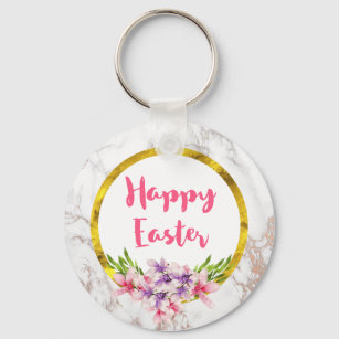 Happy Easter  Pink and Purple Watercolor Magnolias Keychain