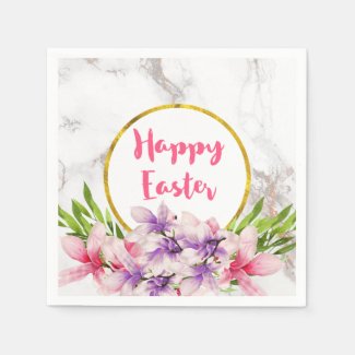 Happy Easter  Pink and Purple Watercolor Magnolias Paper Napkin