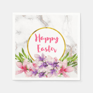 Happy Easter Pink and Purple Watercolor Magnolias Paper Napkins