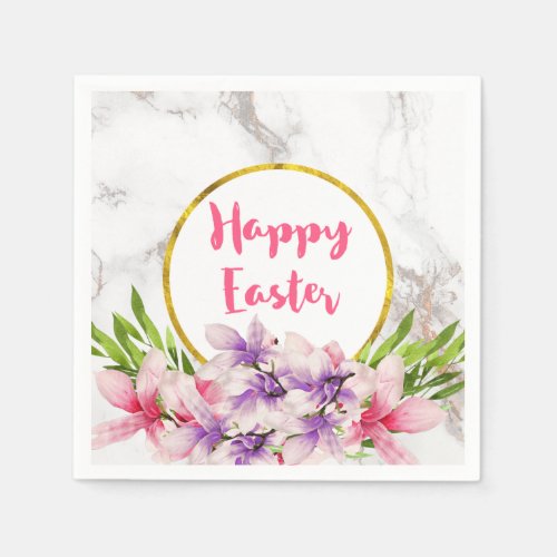 Happy Easter  Pink and Purple Watercolor Magnolias Paper Napkins