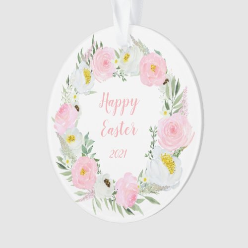 Happy Easter Pink and White Roses Ornament