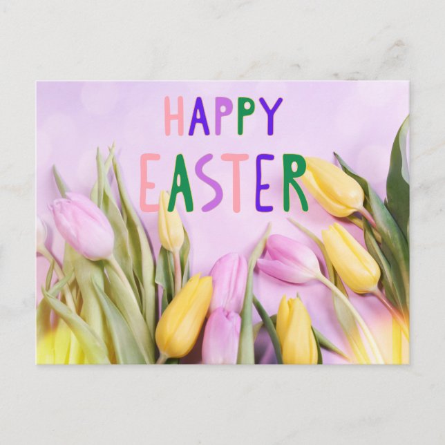Happy Easter Pink and Yellow Tulip Flowers  Postcard (Front)