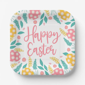 Happy Easter | Pink Aqua Easter Eggs Foliage Paper Plates