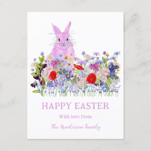 Happy Easter Pink Bunny and Spring Florals Holiday Postcard