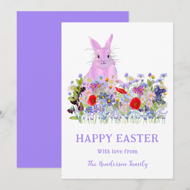 Happy Easter Pink Bunny and Wildflowers Holiday Card (Front/Back)