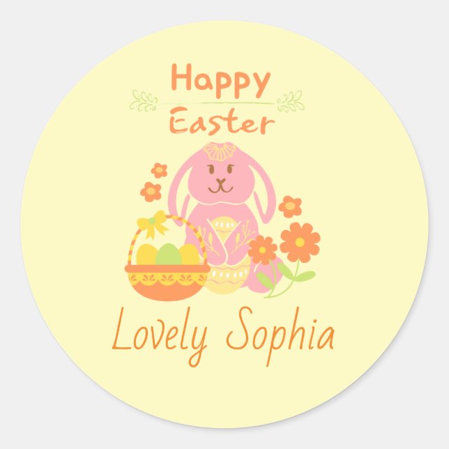 Happy Easter Pink Bunny Classic Round Sticker (Front)