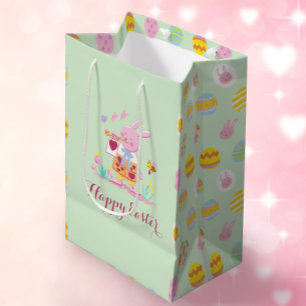 Happy Easter Pink Bunny Garden Egg Hunting Green Medium Gift Bag