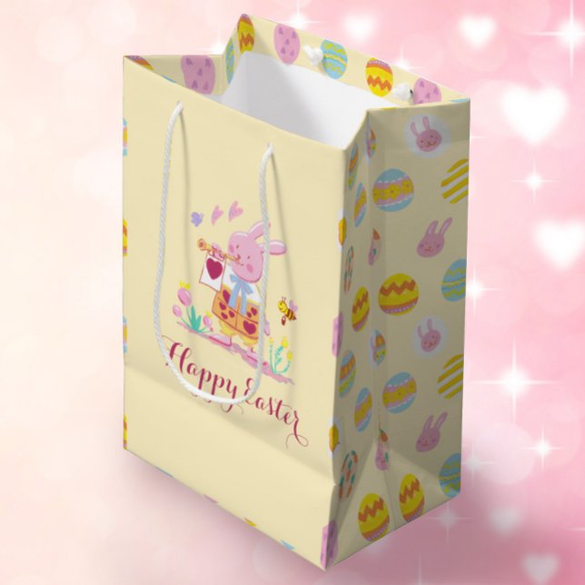 Happy Easter Pink Bunny Garden Egg Hunting Yellow Medium Gift Bag (Creator Uploaded)
