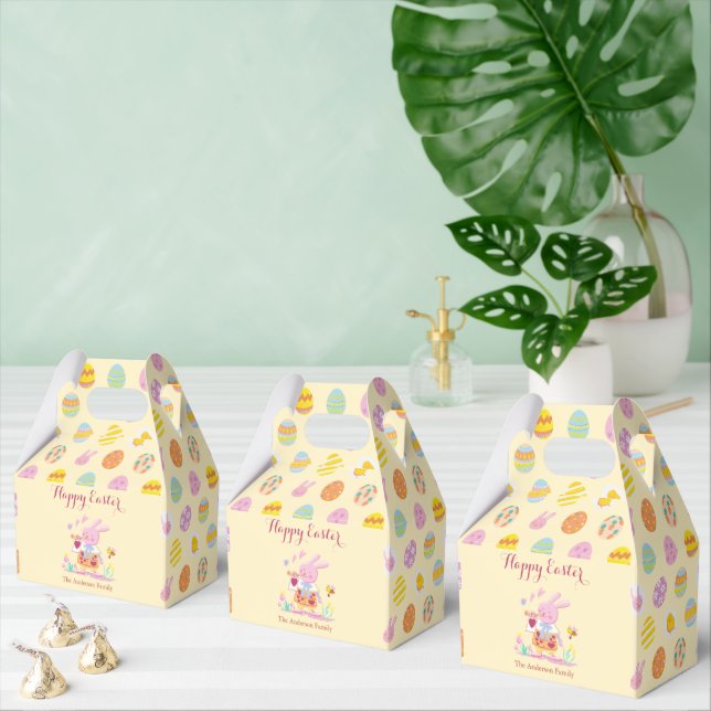 Happy Easter Pink Bunny Garden Egg Pattern Yellow Favor Boxes (Multiple)