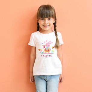 Happy Easter Pink Bunny Garden Personalized Kids T-Shirt