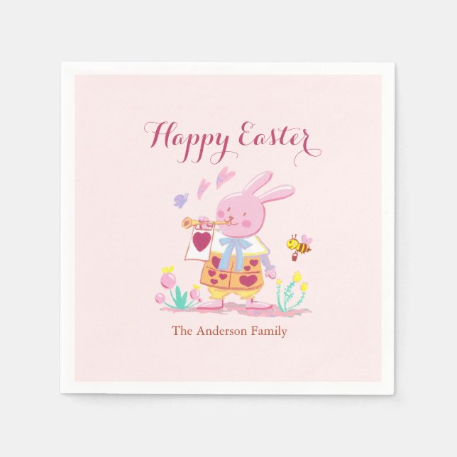 Happy Easter Pink Bunny in Garden Baby Pink Napkins (Front)