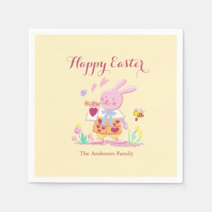 Happy Easter Pink Bunny in Garden Baby Yellow Napkins
