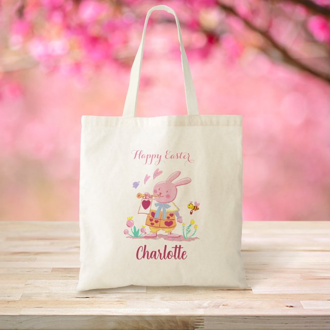 Happy Easter Pink Bunny Personalized Egg Hunting Tote Bag (Creator Uploaded)