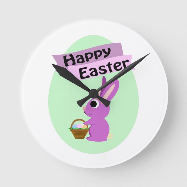 Happy Easter! Pink Bunny Round Clock (Front)