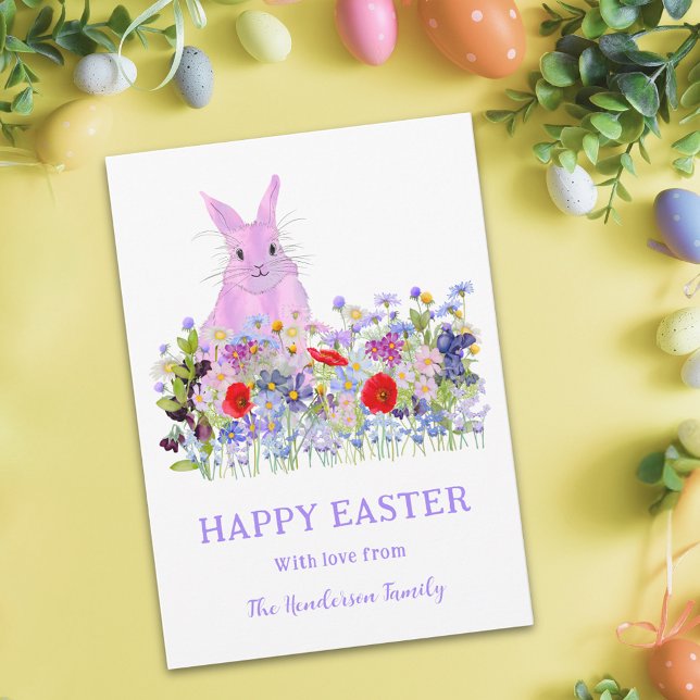 Happy Easter Pink Bunny Watercolor Wildflowers Holiday Card (Personalized happy easter cute pink bunny watercolor wildflower meadow greetings card)