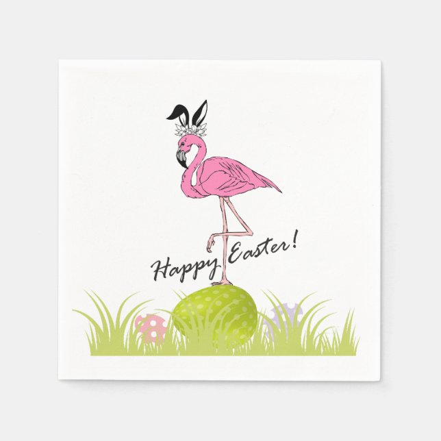 Happy Easter Pink Flamingo Bunny Ears and Eggs  Napkins (Front)