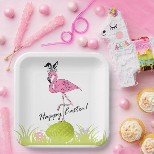 Happy Easter Pink Flamingo Bunny Ears and Eggs  Paper Plates