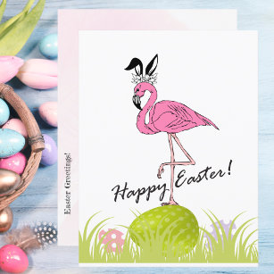 Happy Easter Pink Flamingo Bunny Ears and Eggs Postcard