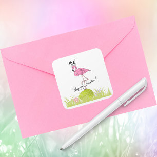 Happy Easter Pink Flamingo Bunny Ears and Eggs Square Sticker