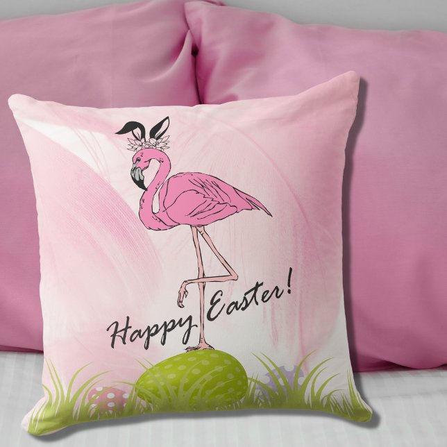 Happy Easter Pink Flamingo Bunny Ears and Eggs Throw Pillow (Creator Uploaded)