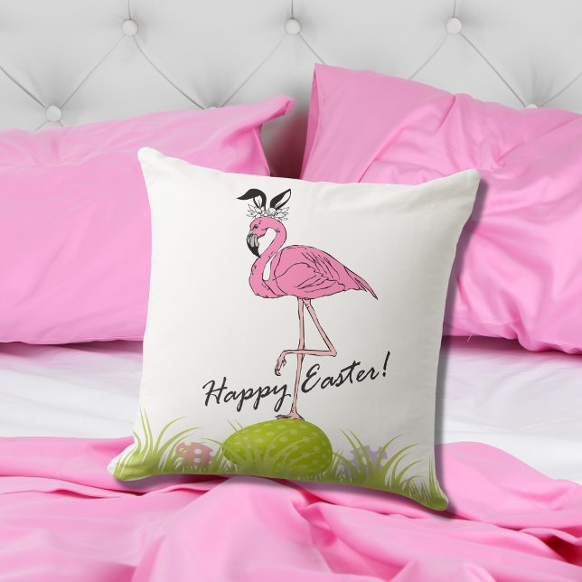Happy Easter Pink Flamingo Bunny Ears and Eggs  Throw Pillow (Creator Uploaded)