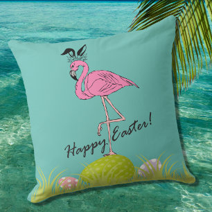 Happy Easter Pink Flamingo Bunny Ears and Eggs Throw Pillow