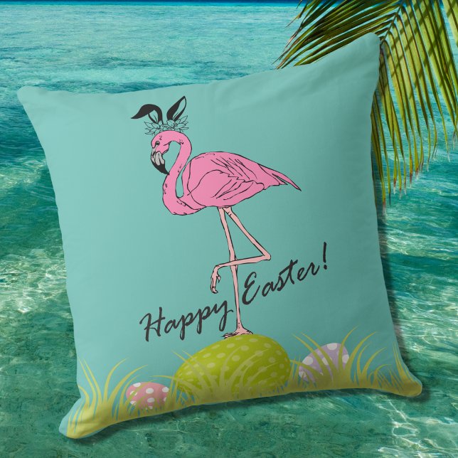 Happy Easter Pink Flamingo Bunny Ears and Eggs  Throw Pillow (Creator Uploaded)