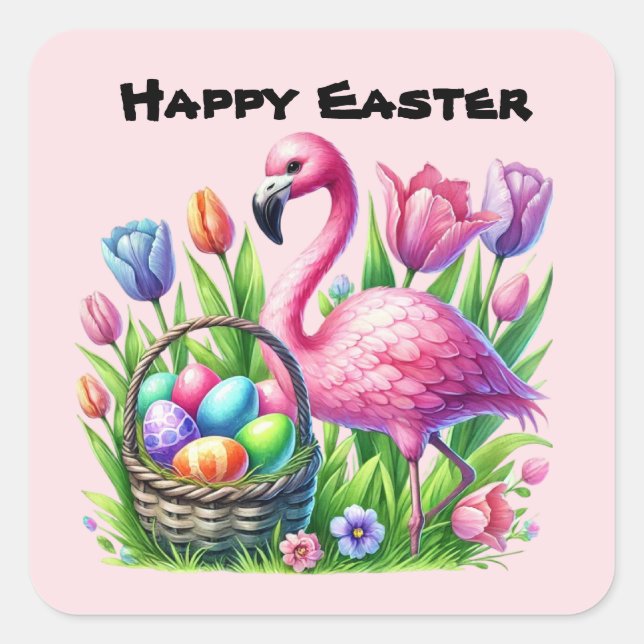 Happy Easter pink flamingo Holiday  Square Sticker (Front)