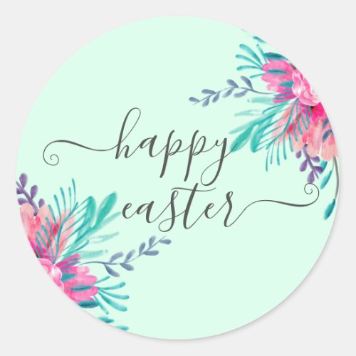 Happy easter pink floral watercolor mint script classic round sticker