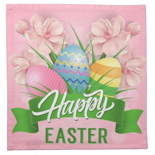 Happy Easter Pink Flowers And Eggs Napkin