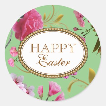 Happy Easter Pink Flowers Classic Round Sticker by 85leobar85 at Zazzle