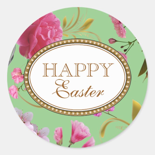 Happy Easter Pink Flowers Classic Round Sticker (Front)