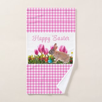 Happy Easter Pink Gingham with Bunny Rabbit 
