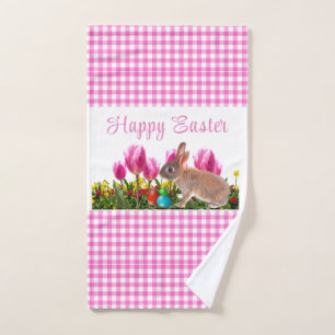 Happy Easter Pink Gingham with Bunny Rabbit  Hand Towel
