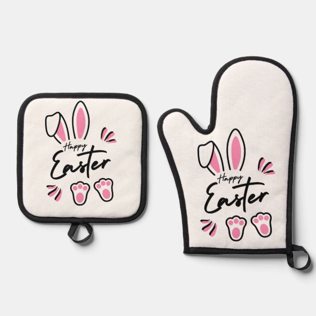 Happy Easter (Pink) Oven Mitt & Pot Holder Set (Front)
