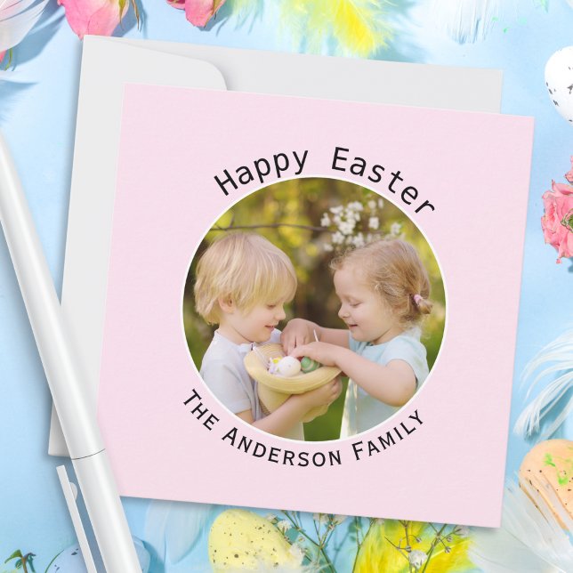 Happy Easter Pink Photo Greeting Holiday Card (A simple, pastel pink Easter card, to personalize with your own photo and name(s))