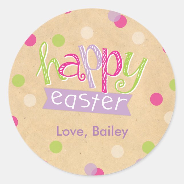 Happy Easter Pink Purple Confetti Dots Classic Round Sticker (Front)